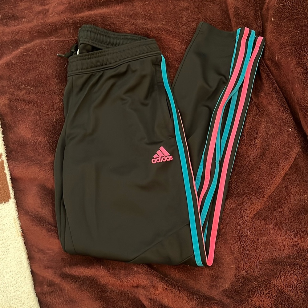 Pink and blue stripe adidas joggers